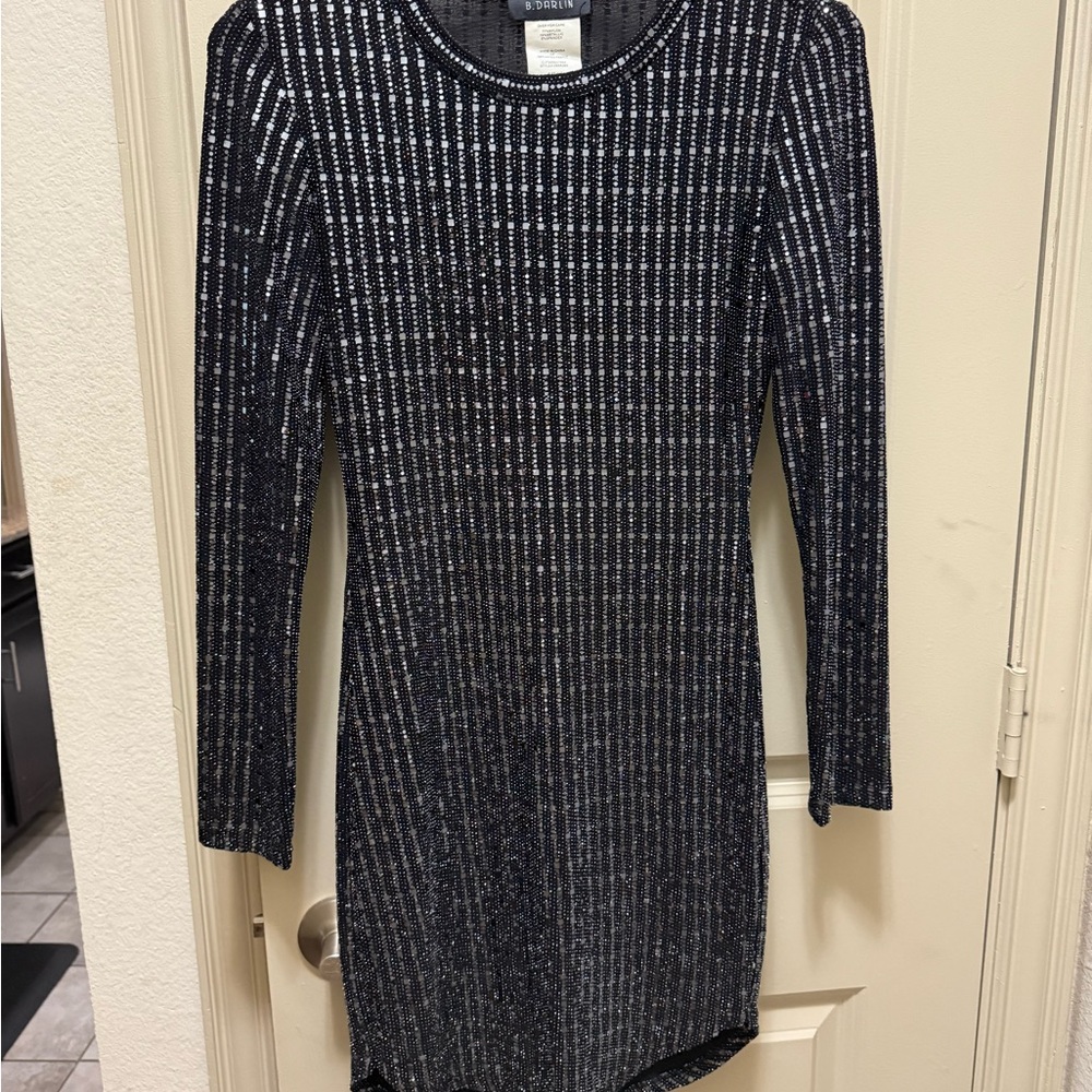 B Darlin Navy Metallic Ribbed Long-Sleeve Dress